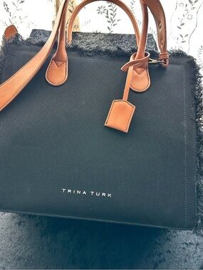 Trina Turk Black Canvas Fringe Tote w/ Tan Leather Trim & Handles (Sample Sale)